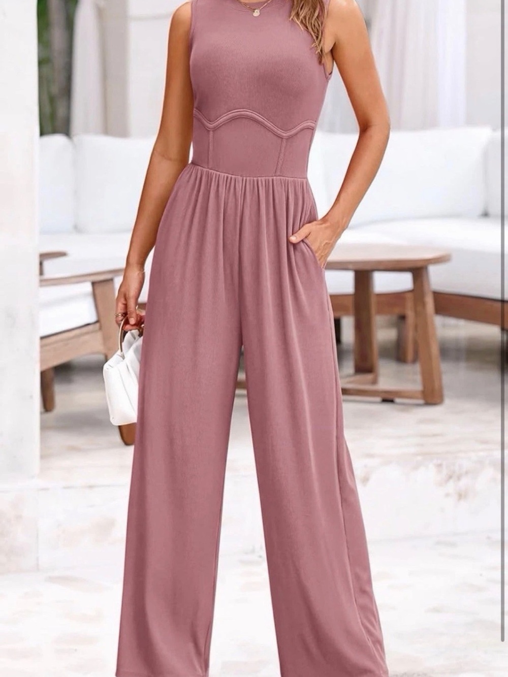 Pink Sleeveless Ribbed Wide-Leg Jumpsuit Round Neck Zipper Women's One-Piece